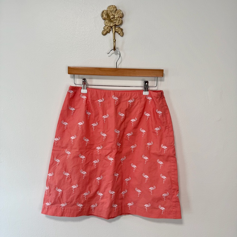 Flamingo Embroidered Coral Pink A-Line 100% Cotton Skirt 8P Preppy Summer Beachy